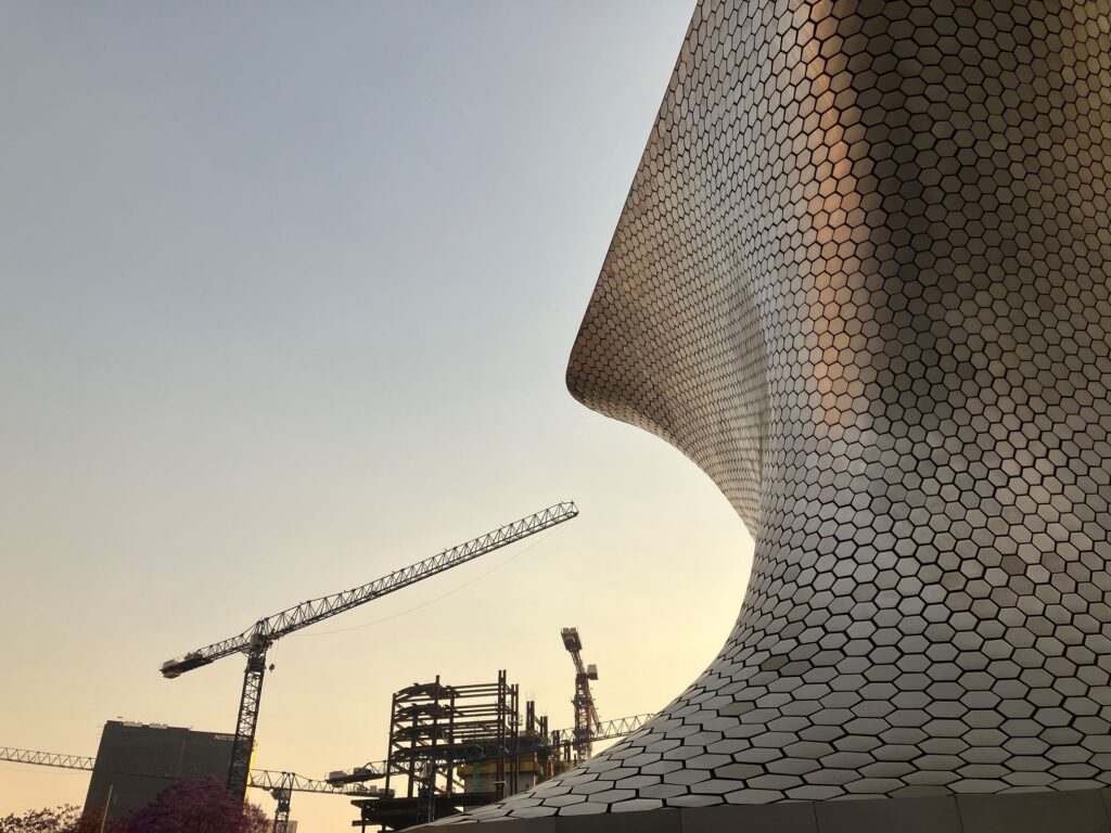 Construction cranes next to the Soumaya Museum in Mexico City