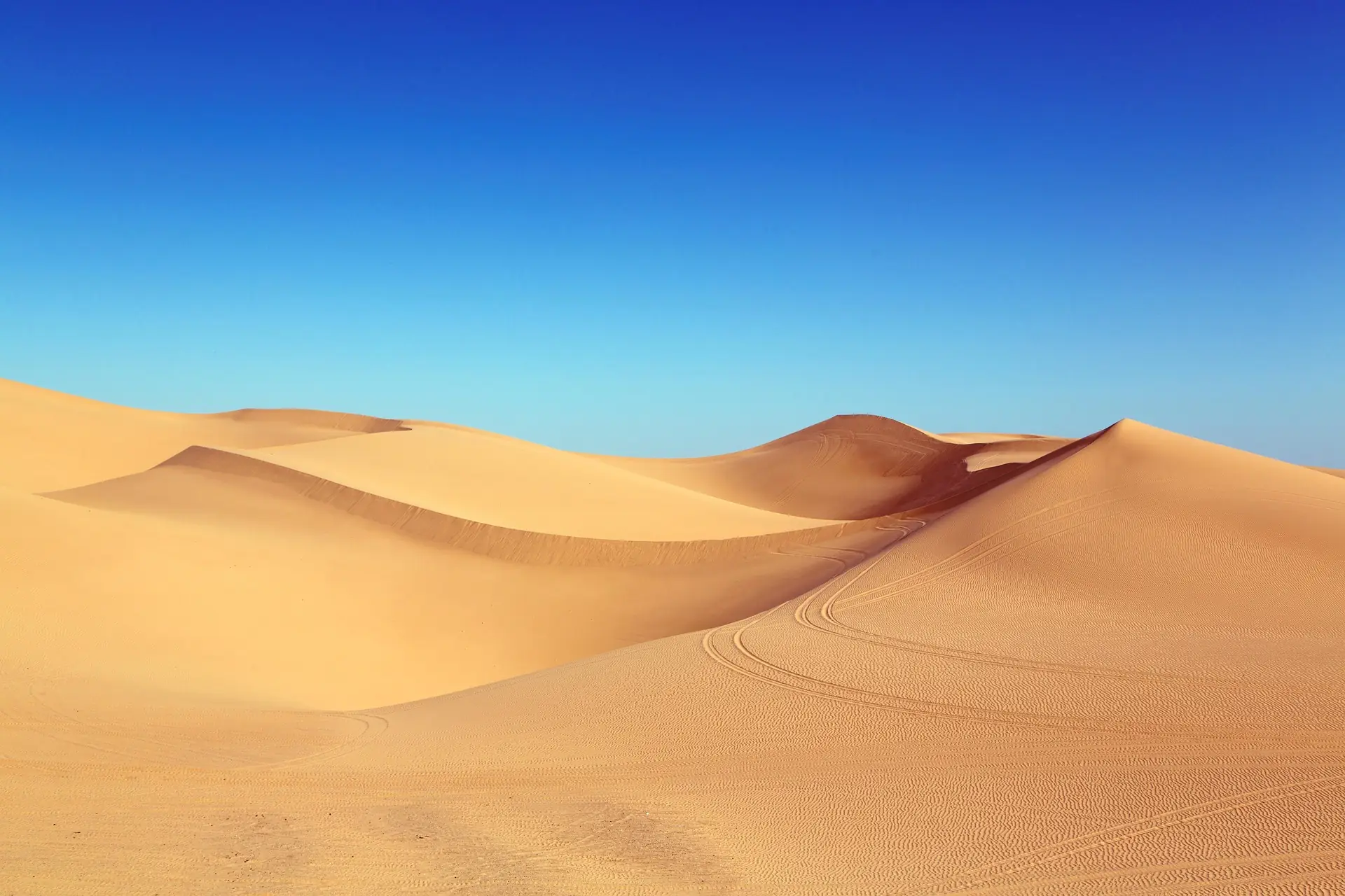 Beautiful peach-colored sand dunes, under a cloudless azure blue sky, that belong to no one